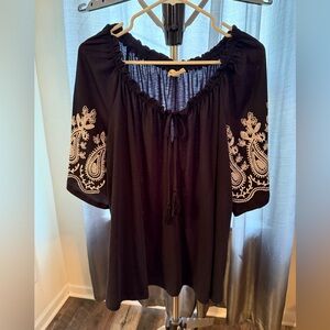 Navy Blue & White Embroidered Plus Size Women's Top